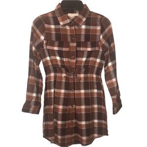 KIDS Girls Copper Key Brown Tan Plaid Long Sleeves Shirt Dress Buttons P…